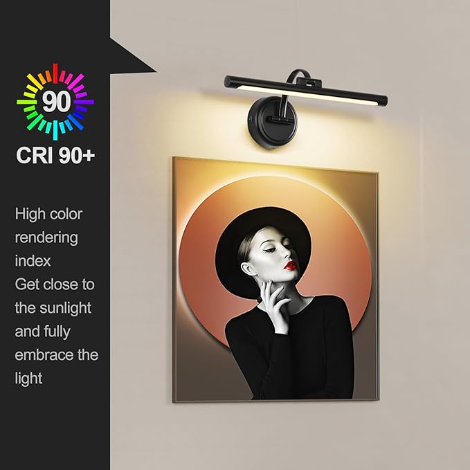 Tassuowell Rechargeable Picture Light for Wall, Cordless Art Lights Battery Operated, Dimmable Wall Light with Remote & Timer, 3 Color Modes for Paintings, Gallery, Artwork(Black, 15.7inch)