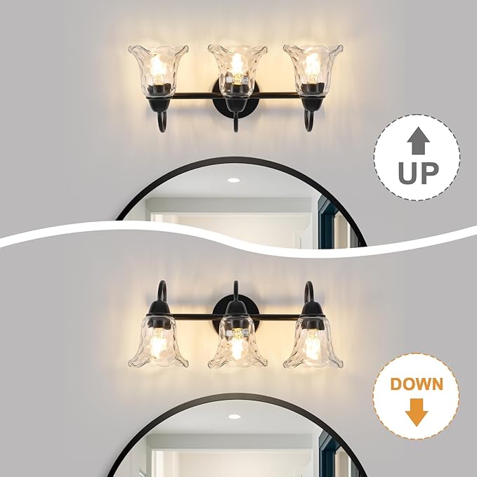 Bathroom Light Fixtures over Mirror, 3 Lights Vintage Wall Sconces with Hammered Glass Shade, 19.3" Matte Black Farmhouse Bathroom Wall Light Fixtures for Bedroom, Porch, Hotel, Mirror Cabinet