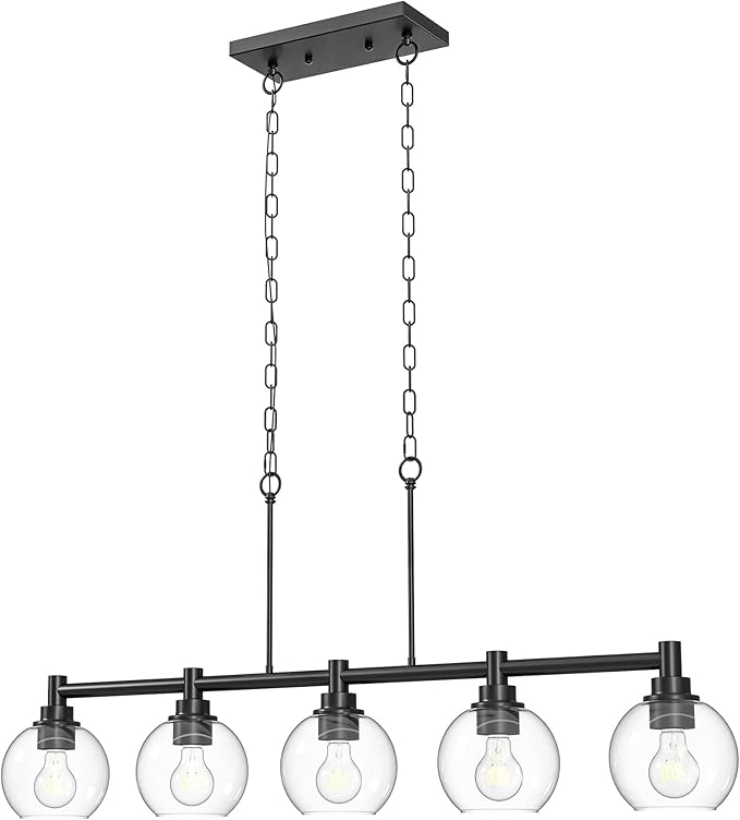 VONLUCE Dining Room Light Fixture Over Table, 5-Light Kitchen Island Lighting with Round Glass Shades & Adjustable Hanging Heights, Linear Chandlier for Dining Room Kitchen, Black, ETL Certificated