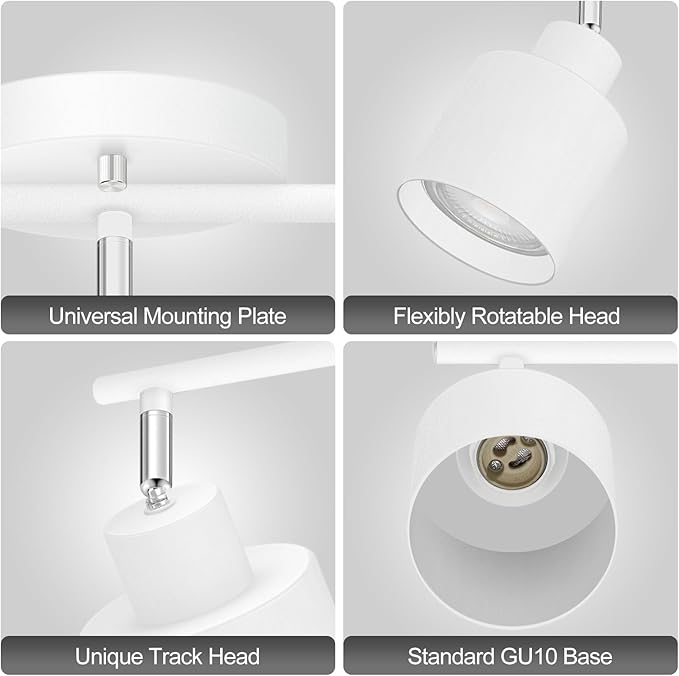 3-Light Led Track Lighting,White Ceiling Lighting Fixtures,Wall Sconces Ceiling Spotlight with Foldable Light Arms for Kitchen, Closet, Bedroom,GU10 Socket, Bulbs Not Included