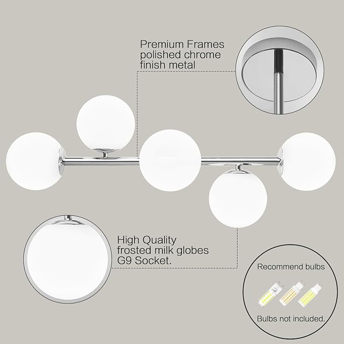 Bathroom Vanity Lights, Mid Century Modern 5-Light Bathroom Light Fixtures, Chrome Bathroom Lights Ceiling Light, Wall Sconces Wall Mount Light Fixtures with Milk Globe Glass, Chrome Finish, G9 Base