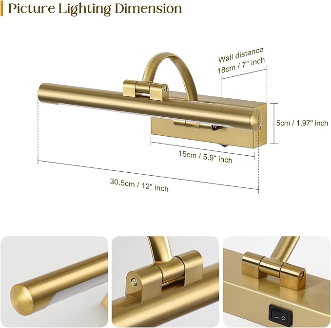 DESOOP Wireless Picture Lights for Wall Rechargeable Brass Gallery Lights Battery Operated Art Lamps with Remote and Timer Dimmable Painting Lights for Artwork Portrait Display 12 Inch 2W 2700K