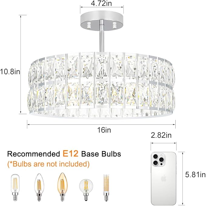 Crystal Ceiling Light Fixture, Modern Chrome Ceiling Light Chandelier, Semi Flush Mount Chandelier Lighting Fixture for Kitchen Entryway Living Room Dining Room, 5-Light, 16 Inch