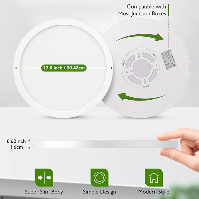 12Inch LED Flush Mount Ceiling Light Fixture, 28W 3200Lm Dimmable Modern Recessed Ceiling Lamp, 5000K Daylight White Round Low Profile Ceiling Light for Kitchen Closet Bedroom Hallway Laundry, 1-Pack