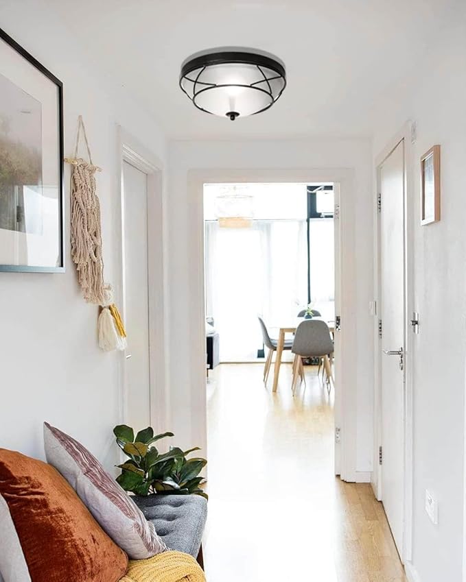 12" Black Classic Dome Ceiling Light Flush Mount, 2-Light Bronze Lighting Fixtures, Frosted Glass Farmhouse Ceiling Lamp for Living Room Kitchen Bedroom Hallway Entryway Staircase