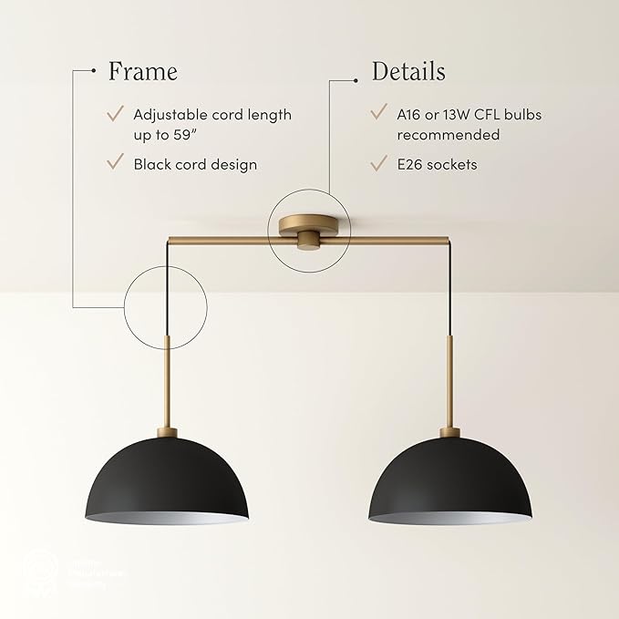Nathan James Percy Modern 2-Light Pendant Island Light Fixture, Hanging Lights with Metal Shade and Adjustable Cord, for Kitchen, Living Room, Black/Vintage Brass, Set of 2