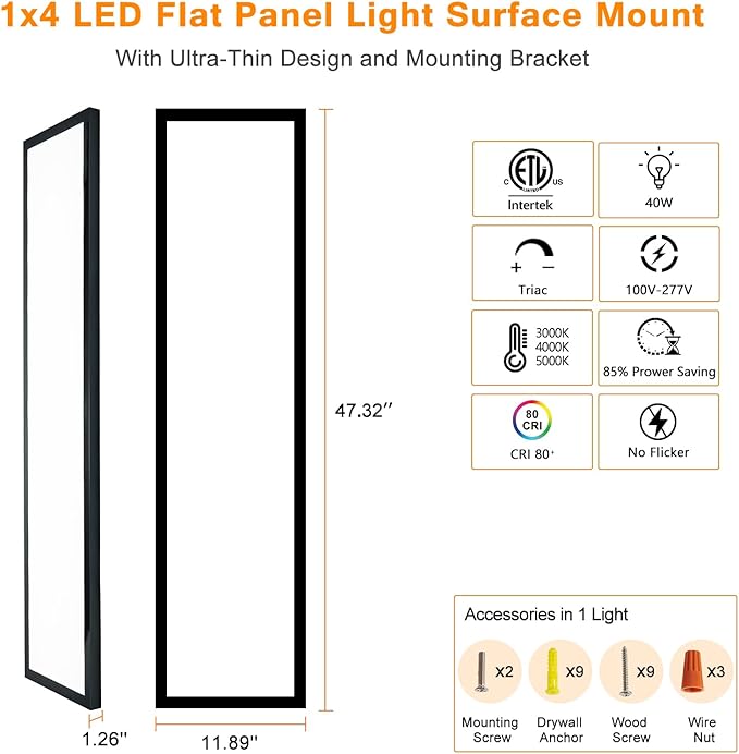 12-Pack Black 1x4 LED Flat Panel Light Surface Mount, 5000K-4000K-3000K Selectable & Triac Dimmable, for Kitchen, Garage, 40W, 100-277V, ETL