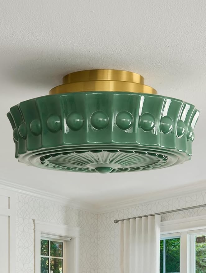 Semi Flush Mount Ceiling Light 14 inch Milk Glass Ceiling Light Mid Century Vintage Green School House Ceiling lamp for Kitchen Hallway Restaurant Living Room and Bedroom