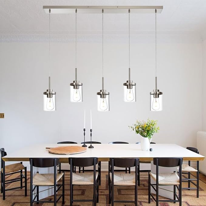 5 Lights Island Lights for Kitchen Modern Industrial Brushed Nickel Linear Chandeliers with Clear Glass Shade for Dining Room Kitchen Long Finish Ceiling Lighting Fixtures