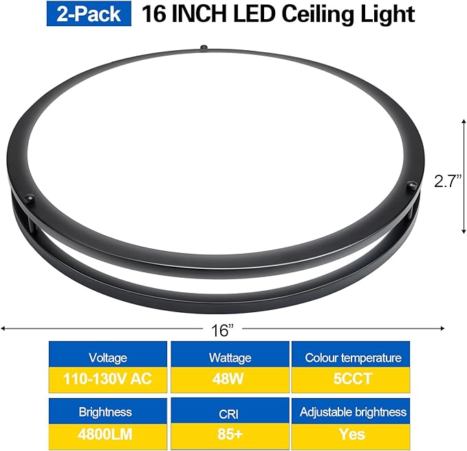 OOWOLF 16inch 48W LED Flush Mount Ceiling Light Fixture Dimmable, 5CCT Super Bright Brushed Nickel Ceiling Light 4800LM Warm/White 480W Equivalent, 3000K/ 3500K/ 4000K/ 5000K/ 6000K Ceiling Lamp