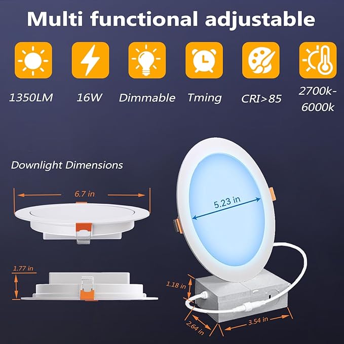 10 Pack LED Recessed Lighting 6 inch, RGBCW Recessed Ceiling Lights Compitable with Alexa, 2700K-6000K Dimmable 1350LM LED Recessed Lights with Junction Box, 16 Million Colors, Timer