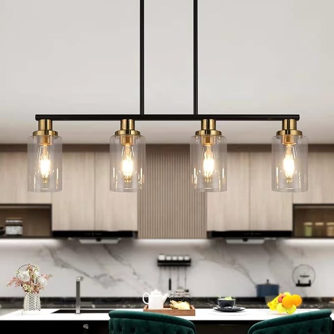 Island Lights for Kitchen, 4-Light Farmhouse Dining Room Light Fixtures Over Table, Matte Black and Gold Linear Chandeliers for Dining Room，Industrial Pendant Lighting with Clear Glass Shade