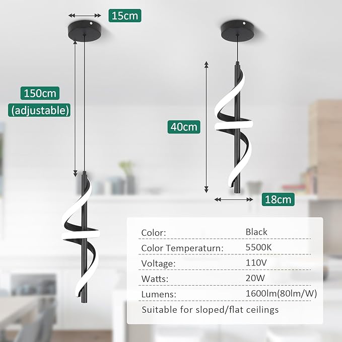 CANEOE Black Pendant Light Fixtures, 3000K-6000K Dimmable Modern LED Pendant Lights,Kitchen Island Pendant Lighting for Dining Room Living Room Bedroom Hanging Light Fixtures,1 Pack