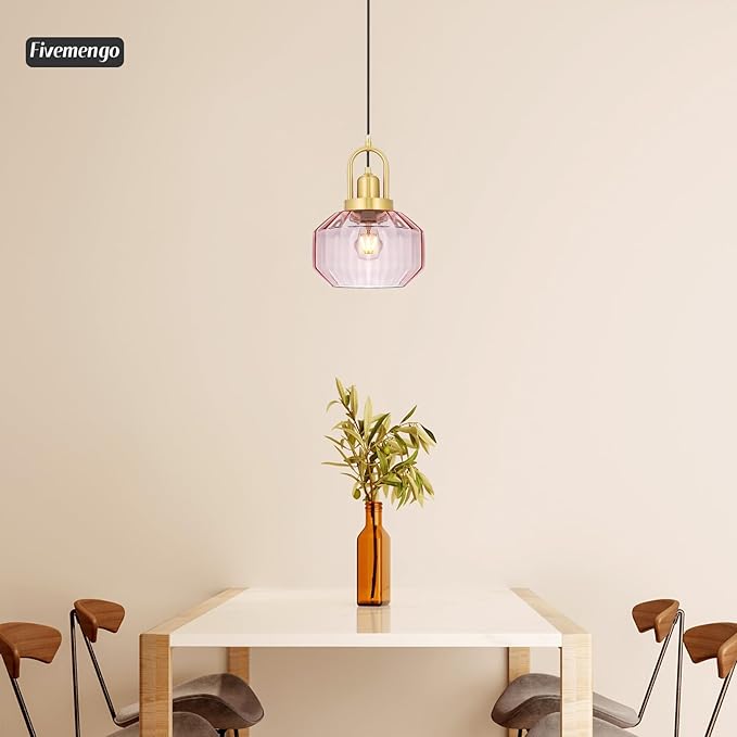 9in Mid Century Modern Pink Glass Pendant Light Fixture, Small Gold Kitchen Island Pendants Light Glass Ceiling Hanging Lamp for Foyer Dining Room Bedroom Entryway Hallway Over Sink