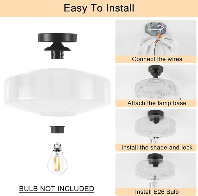 Semi Flush Mount Ceiling Light, 11.8" Vintage Clear Glass Ceiling Lights, 1-Light Mid Century Modern Drum Close to Ceiling Light Fixtures for Bedroom Kitchen Entryway Hallway Porch Foyer