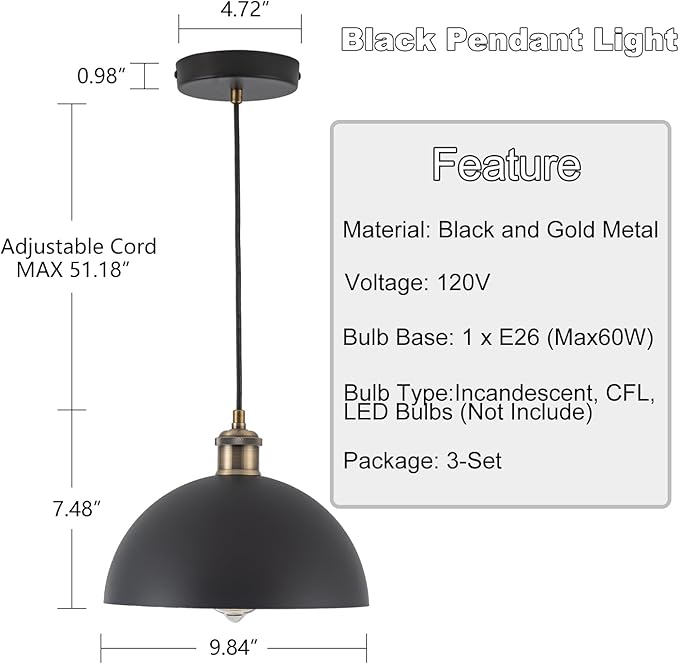 9.84" Modern Industrial Black Pendant Lights Farmhouse Dome Black Gold Pendant Lighting Fixture Vintage Golden Pendant Light for Kitchen, Dining Room, Bedroom, Hallway, Living Room, Set of 3