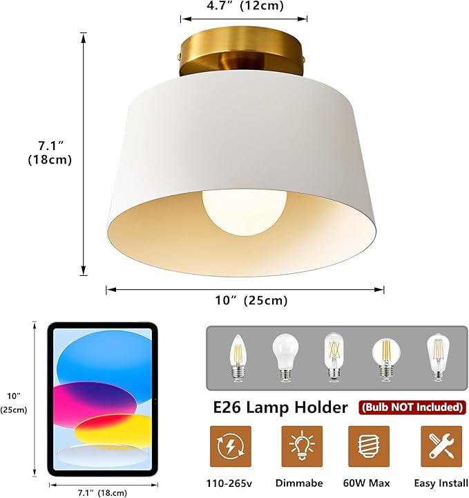 Modern Semi Flush Mount Ceiling Light,Metal Ceiling Light Fixture,E26 Ceramic Lamp Head,White and Gold Ceiling Lamp for Hallway Kitchen Entryway Bedroom Laundry Room (10Inch)