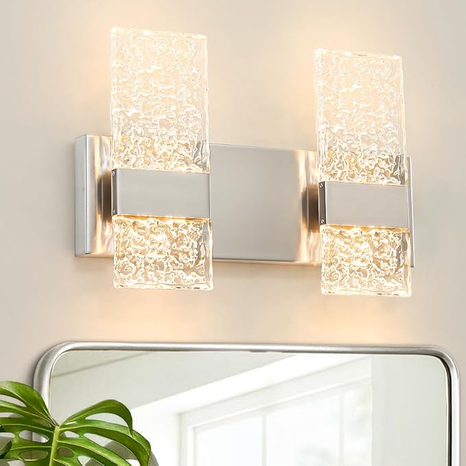Modern Brushed Nickel 4-Lights Bathroom Vanity Light, LED Bathroom Light Fixtures Over Mirror, Dimmable Acrylic Wall Lighting Fixtures, Hardwired Wall Light(H9.25in, L13.78in)