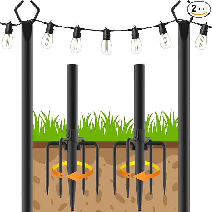 Beizelte 2 Pack String Light Poles,10 Ft Light Poles for Outside String Lights,Outdoor Lights Pole with Fork,Metal Poles Stand for Patio Deck Backyard