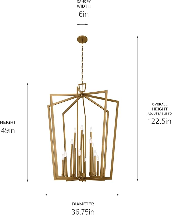 KICHLER Abbotswell 36.75" Updated Traditional 16 Light Foyer Pendant Ceiling Light Fixture with Open Cage Design in Natural Brass for Foyer, Dining Room or Living Room (36.75"x36.75"x49") 43499NBR