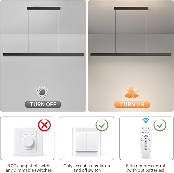 Pendant Lights Kitchen Island Dimmable Pool Table Light with Remote, Modern LED Island Lights for Kitchen, 39.37" LED Linear Pendant Light Fixtures Dining Room Living Room Billiard Room
