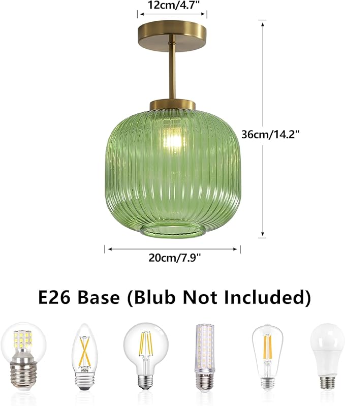 KCO Lighting Vintage Green Glass Semi Flush Mount Ceiling Light Brushed Gold Flush Mount Ceiling Light Fixtures Mid Century Antique Brass Globe Kitchen Ceiling Lighting