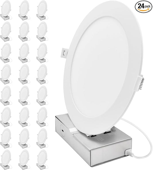 LUXRITE 8-Inch LED Recessed Light with J-Box, Canless Mini Panel Spotlight, 5CCT 2700K-5000K, 13/15/18 Watts, 1050/1250/1500 Lumens, CRI90, Dimmable, 120-277V, IC Rated, Wet Rated ETL Listed (24 Pack)