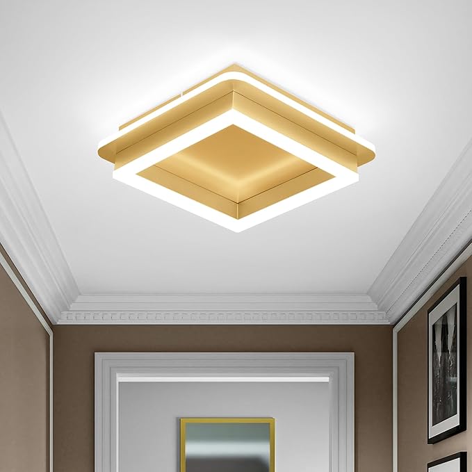 CANEOE 2 Packs Square Modern LED Light Fixture, 24W Black Flush Mount Hallway Light, Small Close to Ceiling Lamp for Living Room, Bedroom, Kitchen, Balcony, Cloakroom (All Gold, 2 Packs)