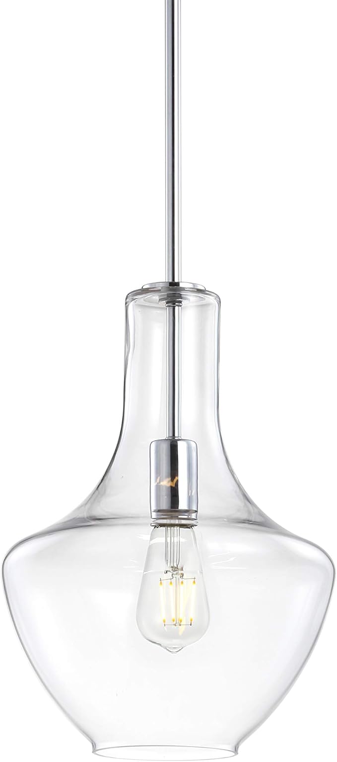 JONATHAN Y 10.5" Chrome Mid-Century Modern 1-Light LED Pendant Light Fixture, Adjustable Schoolhouse Hanging Lamp for Kitchen Island, Clear Glass Shade, LED Bulb Included JYL6400A