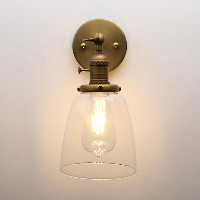 Pathson Vintage Wall Sconce Lighting with On Off Switch, Clear Glass Shade Brass Vanity Light, Industrial Wall Fixtures for Living Room Bathroom Bedroom Garage Porch
