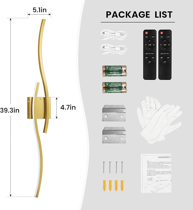 WOSHITU Gold Battery Operated Wall Sconces: 39 Inch Rechargeable Wall Sconce Set of 2 with Remote Control 3CCT Dimmable Wall Light Modern Cordless Wall Lamp for Bedroom Living Room Hallway Bathroom