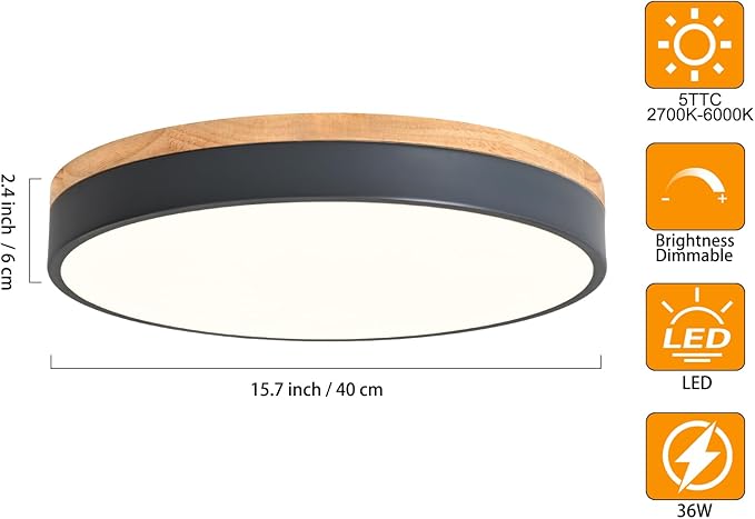 Yiisem Dimmable Wood LED Flush Mount Ceiling Light, 5CCT 2700K-6000K Selectable Modern Round Close to Ceiling Lighting Fixtures, Minimalist Grey Ceiling Lamp for Living Room, Bedroom, Laundry Room