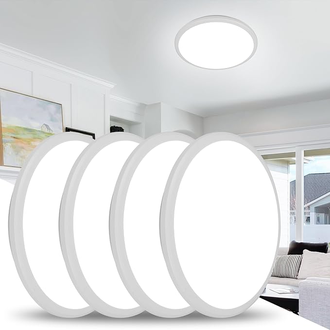 4 Pack 12 Inch Round LED Ceiling Light Fixture, 6500K Daylight Outdoor/Indoor Ceiling Light Fixture, 24W IP54 Waterproof Flat Round White Ceiling Lamp for Living Room Laundry Bedroom Hallway