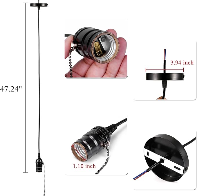 ACBungji Industiral Pendant Light Fixture with Pull Chain,DIY Vintage Hanging Lighting Kit with E26 Edison Bulb Socket 3.6FT Electrical Cord Wire for Indoor Kitchen,Black