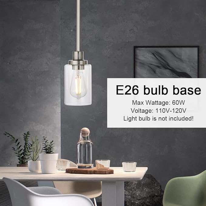 MELUCEE Mini Pendant Lights Brushed Nickel 1-Light with Clear Glass Shade, Contemporary Modern Light Fixtures Ceiling Hanging for Dining Room Kitchen Island Sink