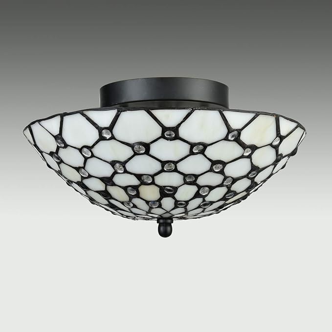 DIRYZON EUL Tiffany Style Semi Flush Mount Ceiling Fixture Antique Brass & Art Colorful Glass Shade-3 Lights