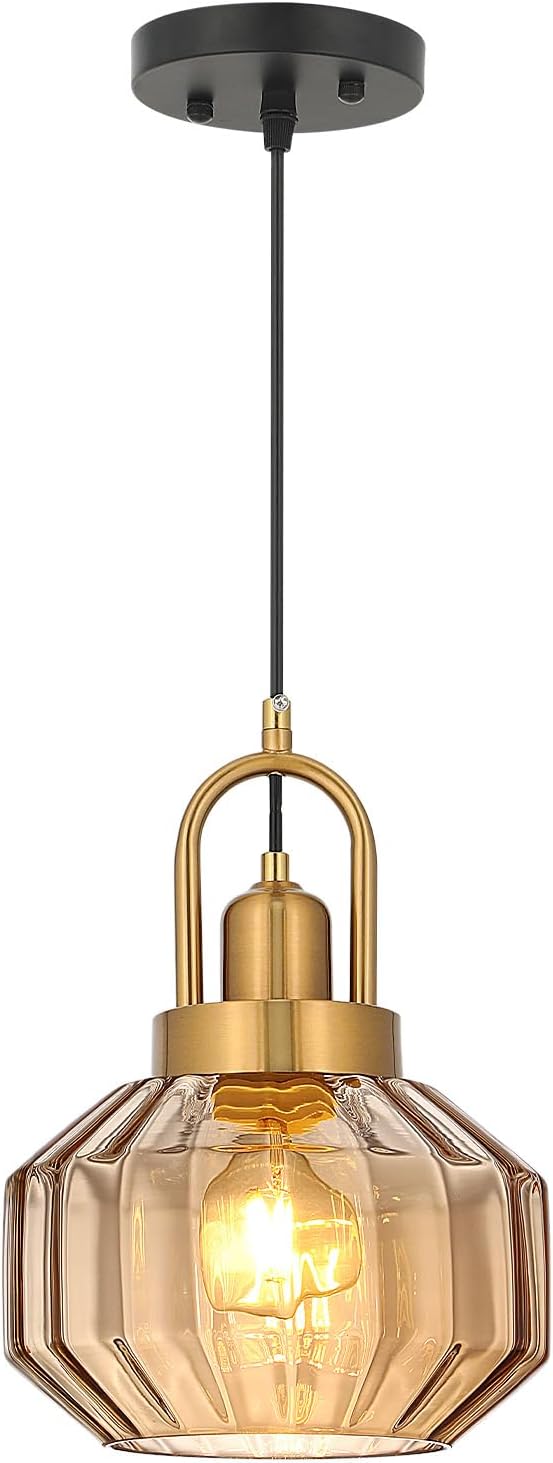 9in Mid Century Modern Amber Glass Pendant Light Fixture, Small Gold Kitchen Island Pendants Light Glass Ceiling Hanging Lamp for Foyer Dining Room Bedroom Entryway Hallway Over Sink