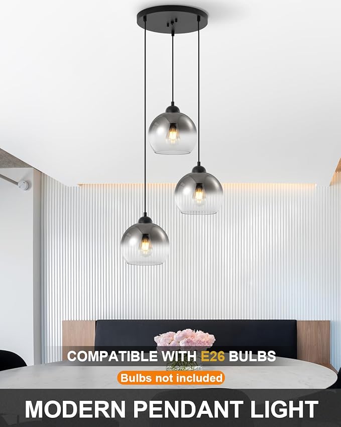 Modern Gradient Smoke Gray Glass Pendant Light,3-Light Globe Adjustable Hanging Pendant Light for Bedroom Kitchen Island Dining Room Stairwell