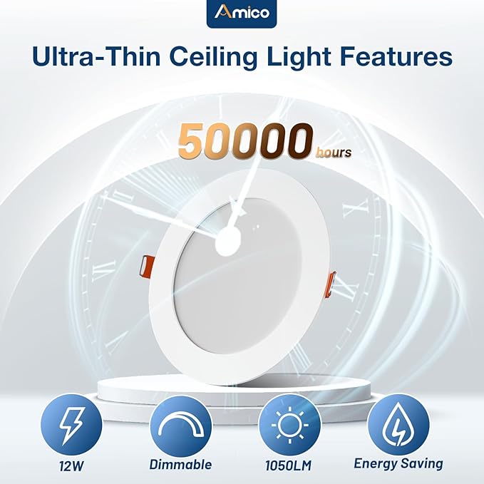 Amico 4 Pack 6 Inch 5CCT Ultra-Thin LED Recessed Ceiling Light with Junction Box, 2700K/3000K/3500K/4000K/5000K Selectable, 1050 Lumens, Dimmable Canless Wafer Downlight, 12W Eqv 110W-ETL&FCC