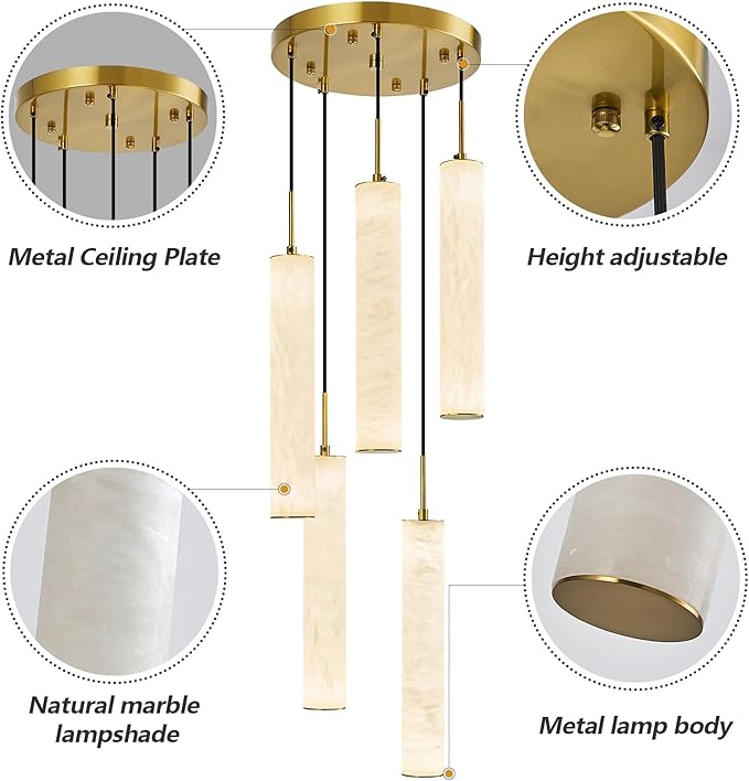 LMQNINE Natural Alabaster Pendant Lights for Kitchen Island White Marble Long Tube Chandelier 4000K Modern Gold Ceiling Light Fixtures for Bedroom Dining Room Table Living Room Hallway(M-5Light)