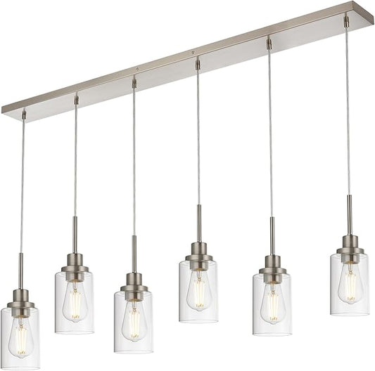 6-Lights Pendant Lighting for Kitchen Island in Brushed Nickel, Ceiling Light Fixtures with Adjustable Hanging Wire & Clear Glass Shades