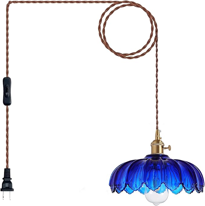 XZHGCEE Plug in Pendant Light: Bule Hanging Light Plug in Fixture Hanging Lamp, Glass Pendant Lighting for Kitchen Island, Bedroom, Dining Room, Living Room, E26 No Bulb