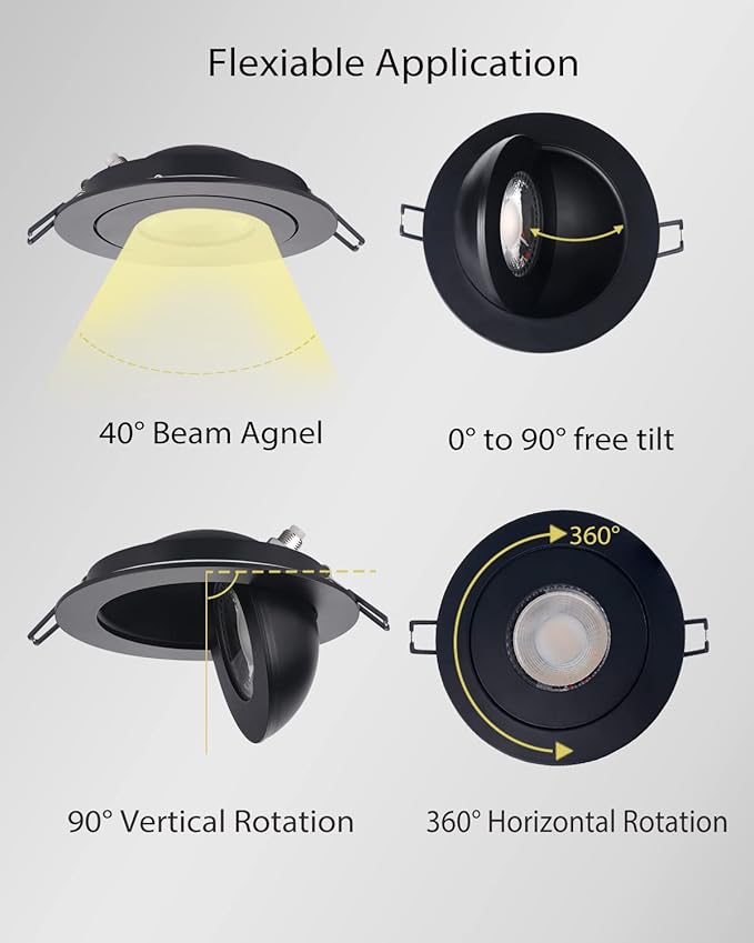 POPANU Gimbal LED Recessed Light - 4 Inch Black 9W 360° Rotation Directional Adjustable Eyeball Sloped Ceiling Recessed Lighting 4 inch Light Wafer Soffit Indoor Spotlight Canless Black 4 inch 6 Pack