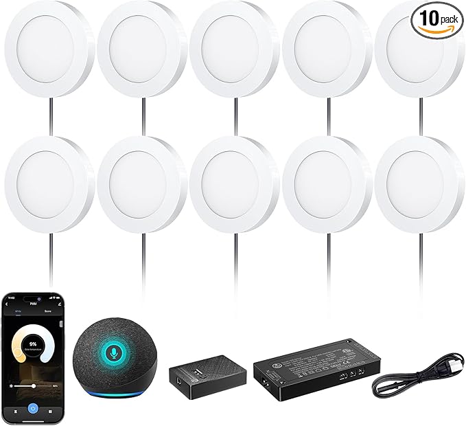 VST Smart Under Cabinet Lighting Work with Alexa Google Home Assistant App Remote Control, Recessed or Surface Mount 12V 2W/pc Puck Light for Kitchen Under Counter, Display Case, 10Pack 3000K~6000K.