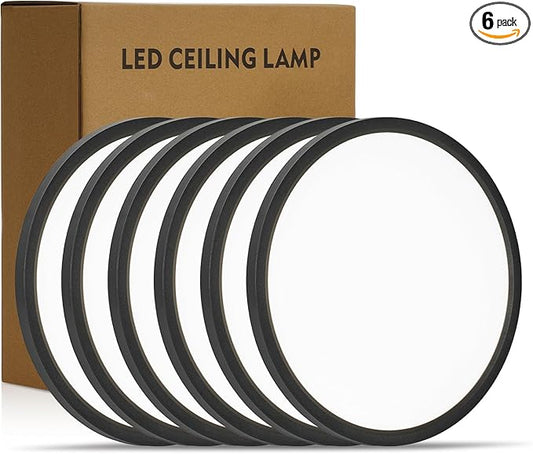 11.4 Inch 6PK LED Flush Mount Ceiling Light, ETL ,24W, 2427LM, 3000K/3500K/4000K/5000K/6500K CCT Selectable, 0.66in Ultra Thin Round Flat Panel Ceiling Light Fixture for Bedroom, Kitchen, (Black)