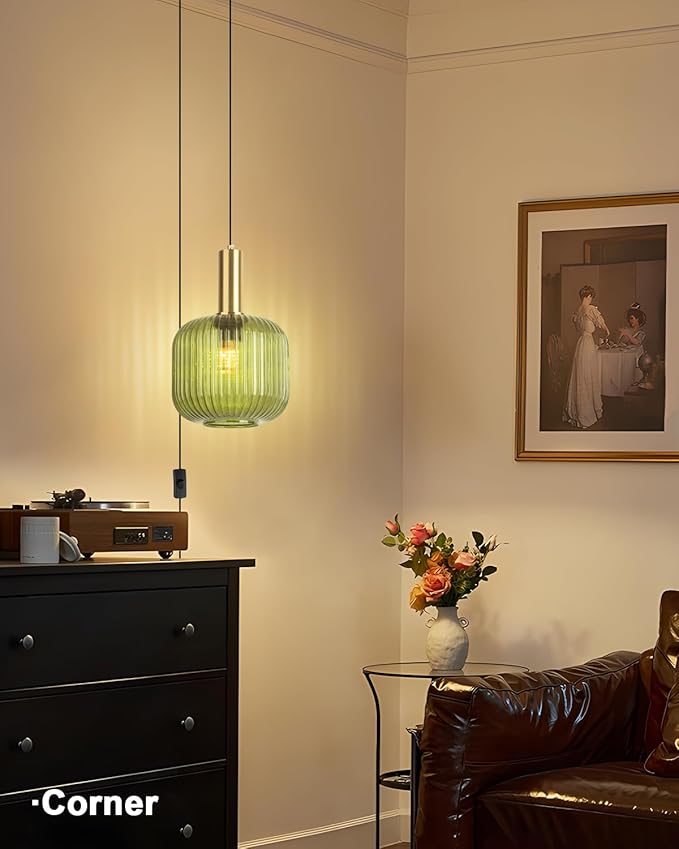 Plug in Glass Pendant Light 1-Light Gold Industrial Light with 14.7FT Black Cord Mid-Century Modern Pendant Lamp for Kitchen Sink Living Room Bedroom, Indoor Green Glass Lamp