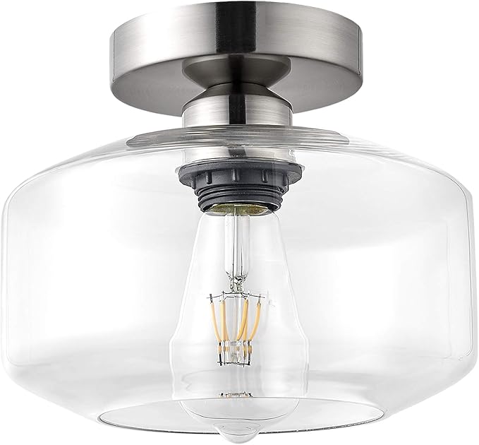 TeHenoo Semi Flush Mount Ceiling Light,Clear Glass Shade, E26 Socket,Brushed Nickel Ceiling Light Fixtures for Hallway,Entryway,Porch