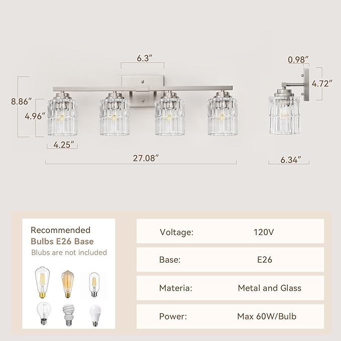 TALOYA 27 Inch Bathroom Light Fixtures,Modern 4-Light Brushed Nickel Vanity Lights with Wide Vertical Ribbed Thickened Glass Shade Wall Sconces for Mirror Makeup Room Hallway（Bulbs Not Included）