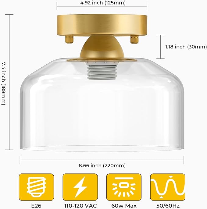 LACCEN Semi Flush Mount Ceiling Light Brushed Gold - Clear Glass Pendant Lamp Shade, Modern Farmhouse Light Fixture for Hallway Corridor Kitchen Entryway Bedroom, Bulb Not Included