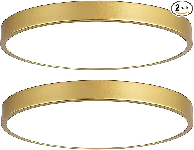 2 Pack Gold Flush Mount Ceiling Light, 12 Inch Metal Modern Round Gold Light Fixtures - 3 Colors, 3000K-5000K LED, 20W Low Profile Ceiling Lighting for Bedroom, Living Room, Hallway